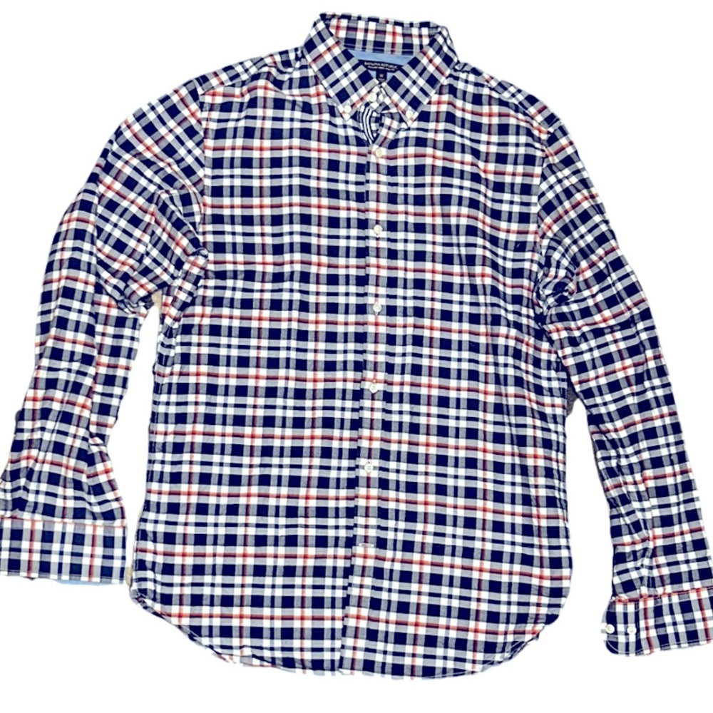 Banana Republic Men’s Slim Dress Shirt. Red, white and blue plaid. Sz. Medium